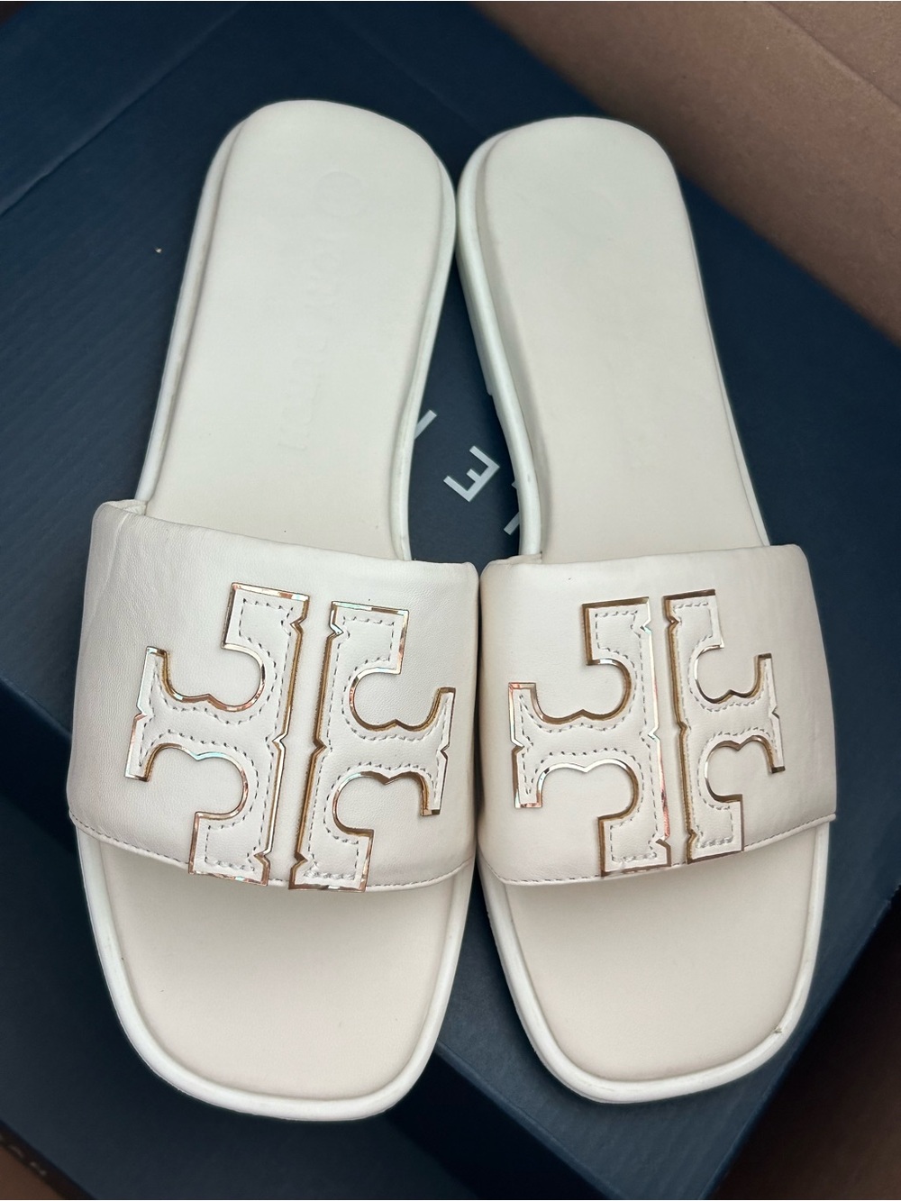 Tory Burch Off-White Leather Logo Slide Sandals